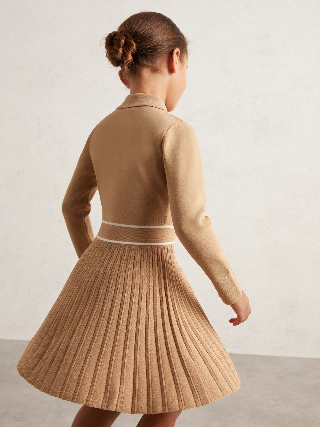Reiss 13-14 yrs Button-Detail Stripe Knitted Dress in Camel