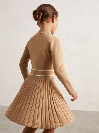 Reiss 13-14 yrs Button-Detail Stripe Knitted Dress in Camel