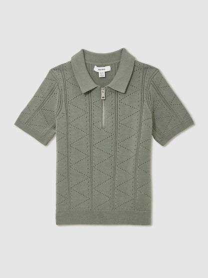 Reiss 3-9 yrs Half-Zip Pointelle Polo Shirt in Sage