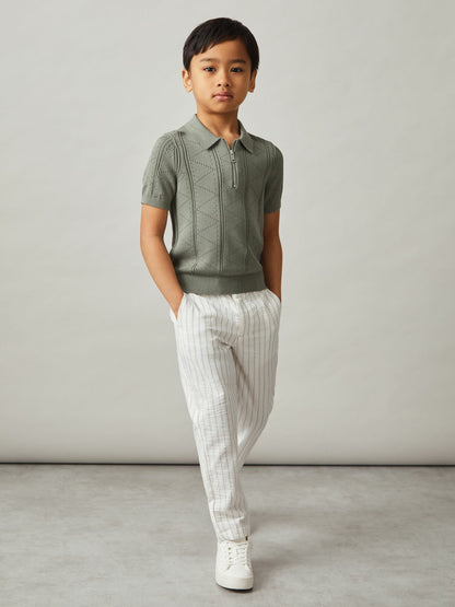 Reiss 3-9 yrs Half-Zip Pointelle Polo Shirt in Sage