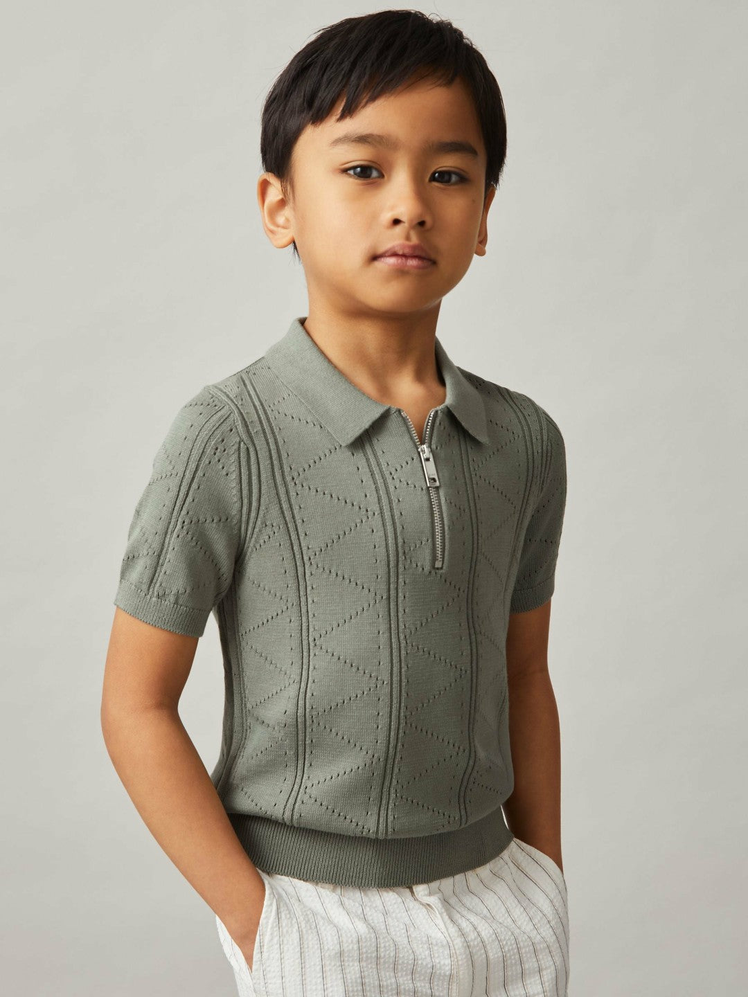 Reiss 9-13 yrs Half-Zip Pointelle Polo Shirt in Sage
