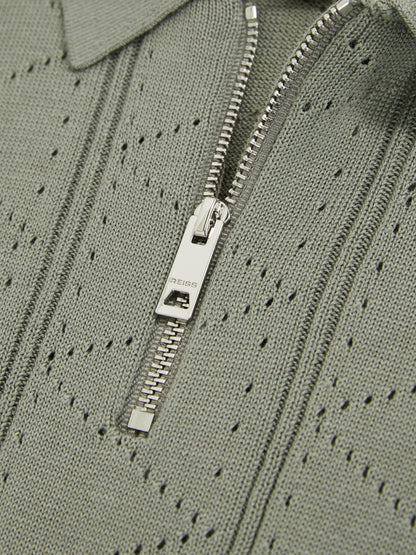 Reiss 9-13 yrs Half-Zip Pointelle Polo Shirt in Sage