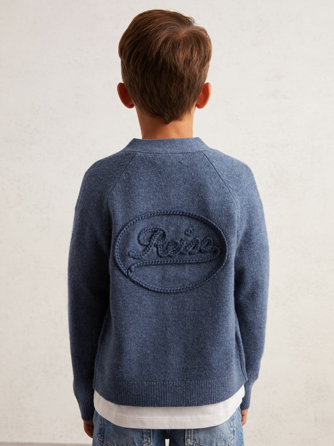 Reiss 3-9 yrs Wool Embroidered-Logo Cardigan in Dark Airforce Blue