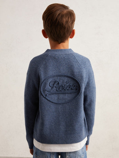 Reiss 3-9 yrs Wool Embroidered-Logo Cardigan in Dark Airforce Blue