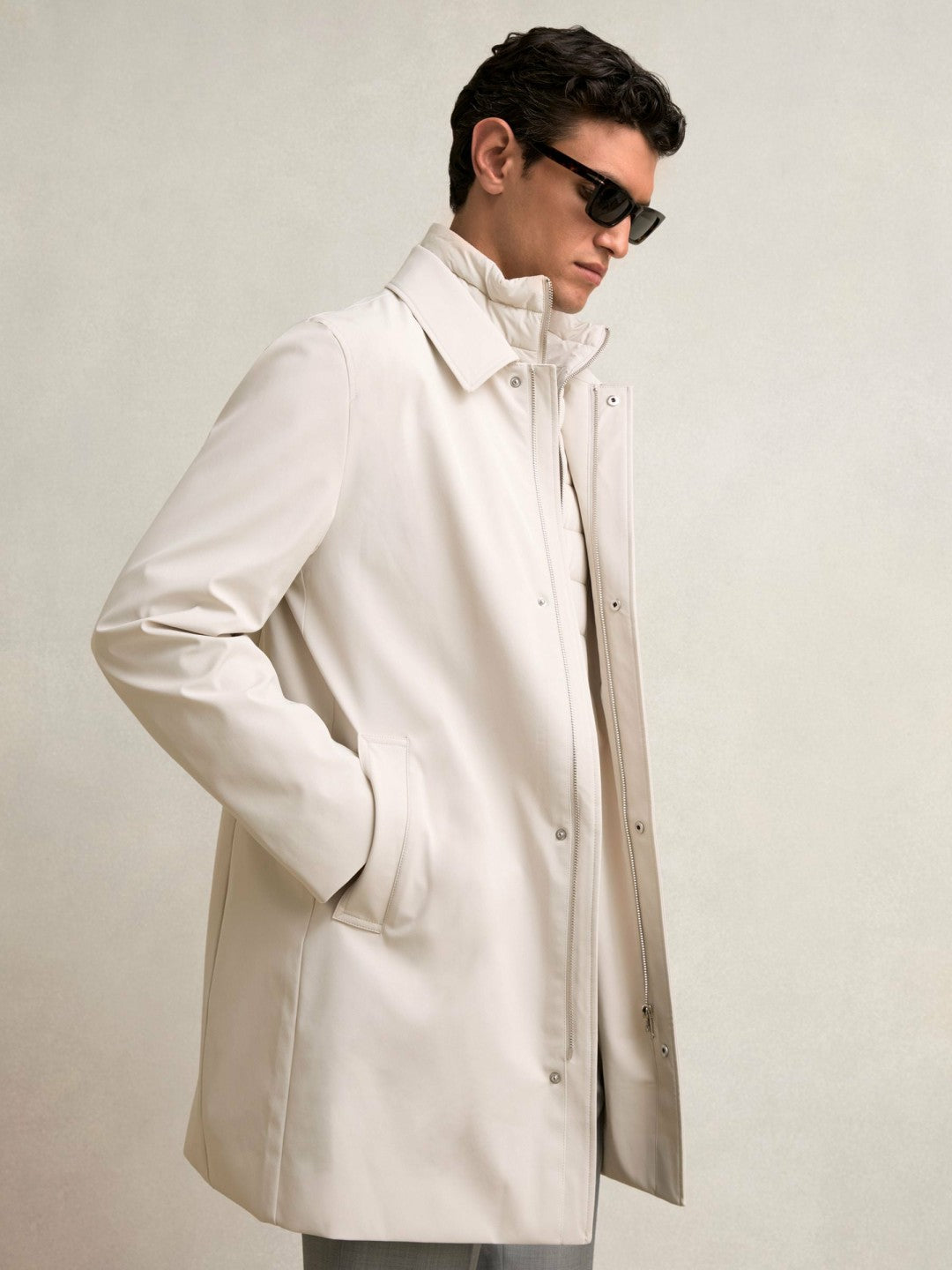 Reiss Hybrid Removable Funnel Neck Overcoat in Light Stone