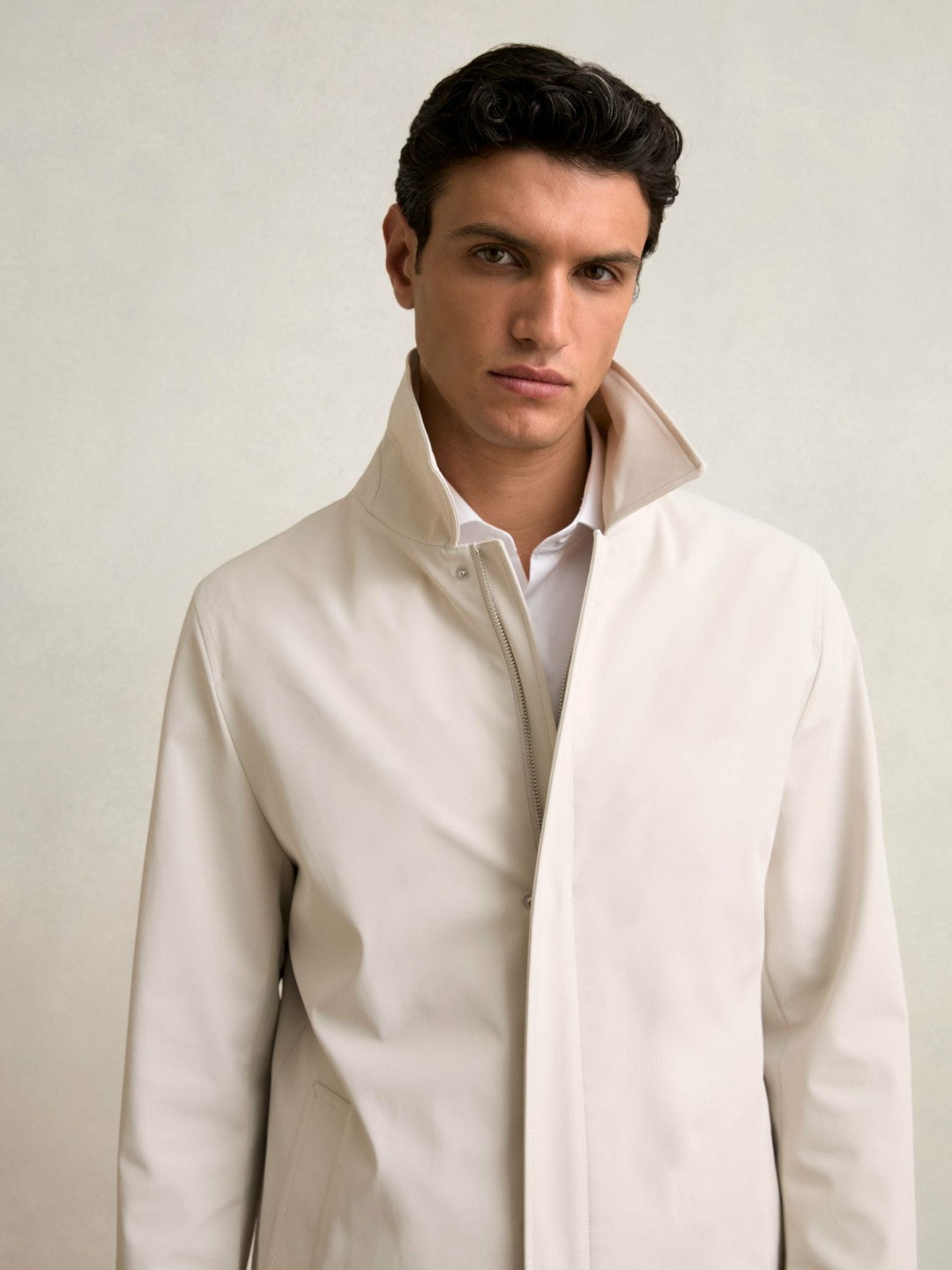 Reiss Hybrid Removable Funnel Neck Overcoat in Light Stone