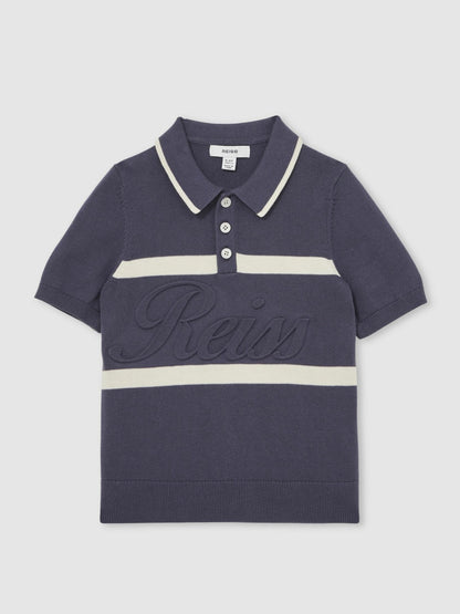 Reiss 9-13 yrs Cotton Logo-Embossed Knit Polo Shirt in Indigo Blue/White
