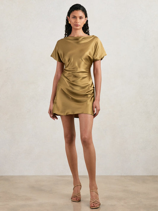Reiss Acler Draped Satin Mini Dress in Gold Moss