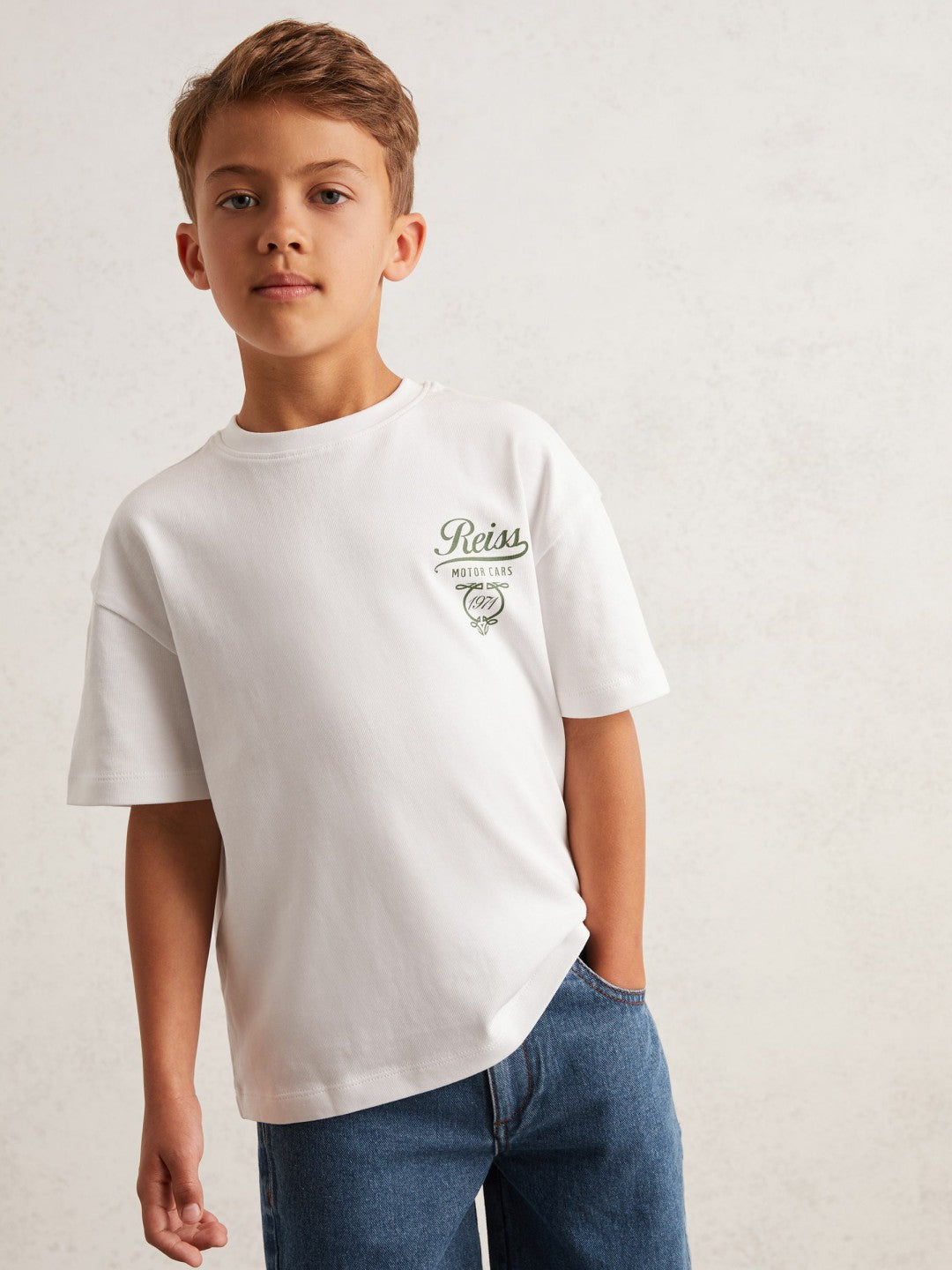 Reiss 3-9 yrs Cotton Motor Cars-Print T-Shirt in White/Green