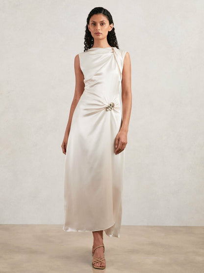Reiss Acler Satin Draped Maxi Dress in Ivory