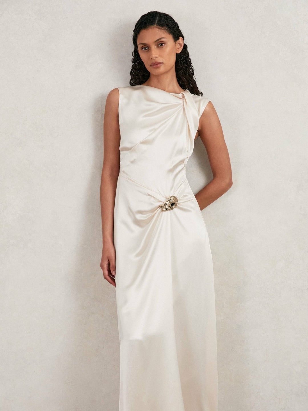 Reiss Acler Satin Draped Maxi Dress in Ivory