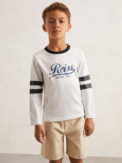Reiss 9-13 yrs Cotton Motor Cars Logo T-Shirt in White/Blue