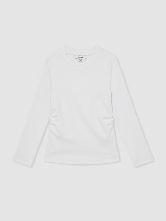 Reiss 13-14 yrs Cotton Ruched Long-Sleeve T-Shirt with Stretch in Ivory