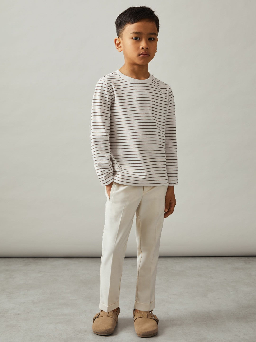 Reiss 4-9 yrs Stretch-Cotton Stripe T-Shirt in Off White/Camel