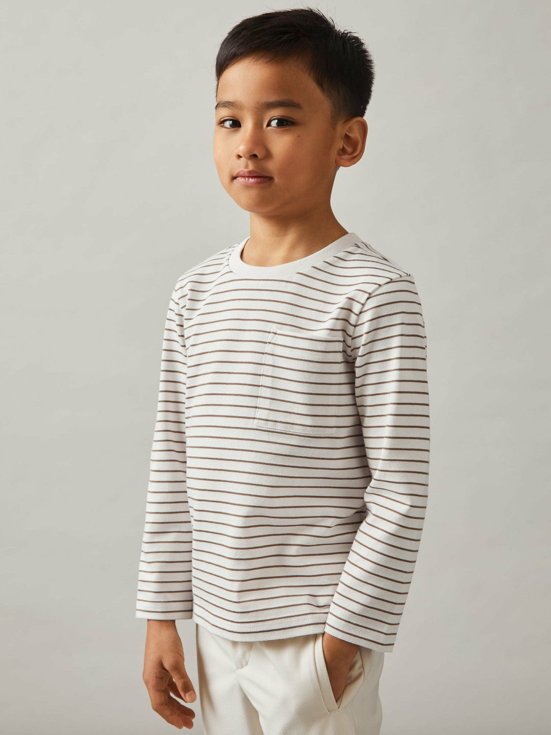 Reiss 4-9 yrs Stretch-Cotton Stripe T-Shirt in Off White/Camel
