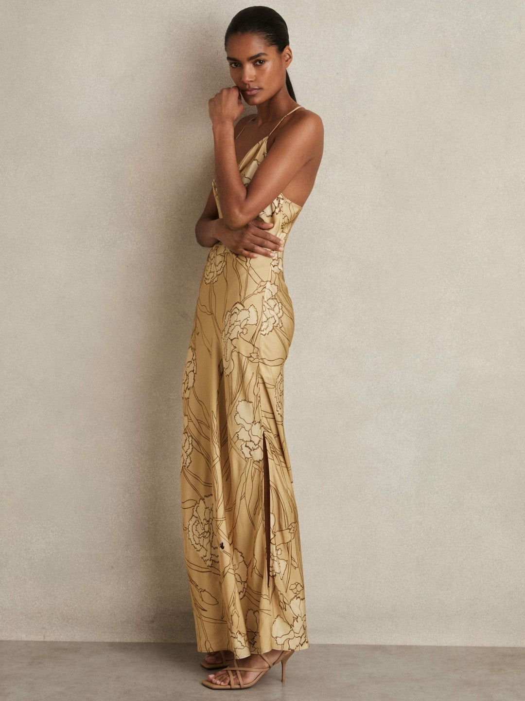 Reiss Satin Floral-Print Slip Maxi Dress in Gold