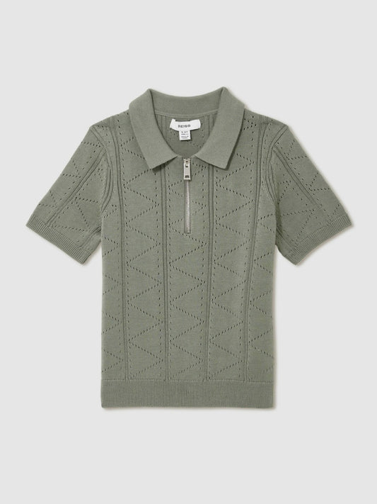Reiss 13-14 yrs Half-Zip Pointelle Polo Shirt in Sage