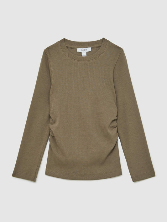 Reiss 13-14 yrs Cotton Ruched Long-Sleeve T-Shirt with Stretch in Khaki