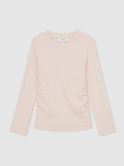 Reiss 13-14 yrs Cotton Ruched Long-Sleeve T-Shirt with Stretch in Pale Pink