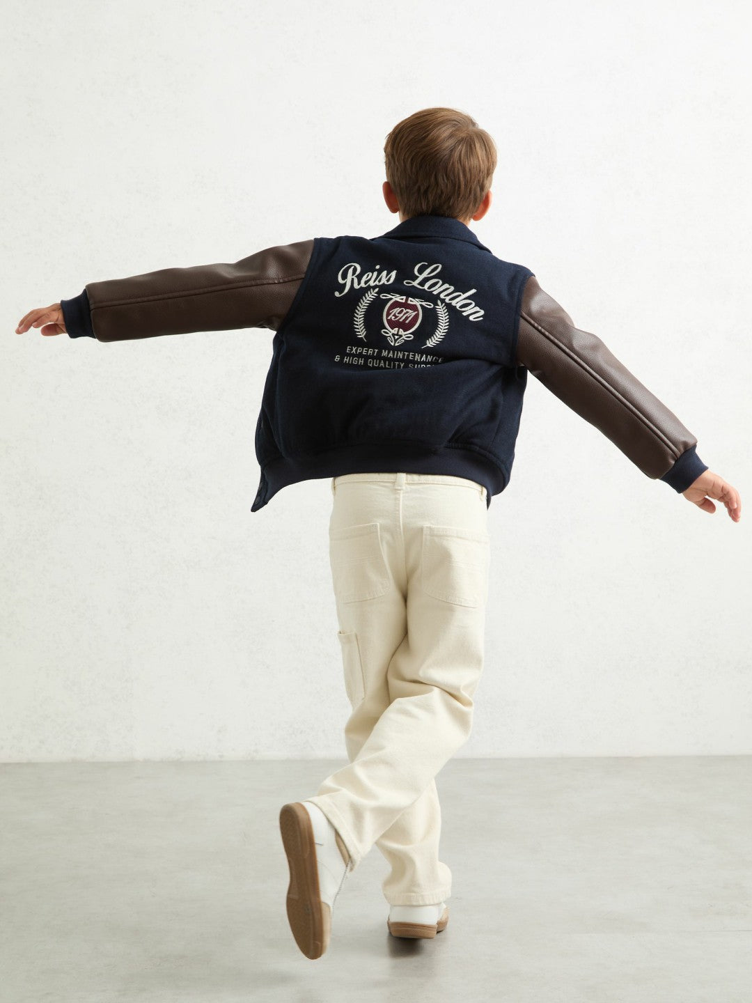 Reiss 9-13 yrs Motor Cars Press-Stud Bomber Jacket in Navy/Brown