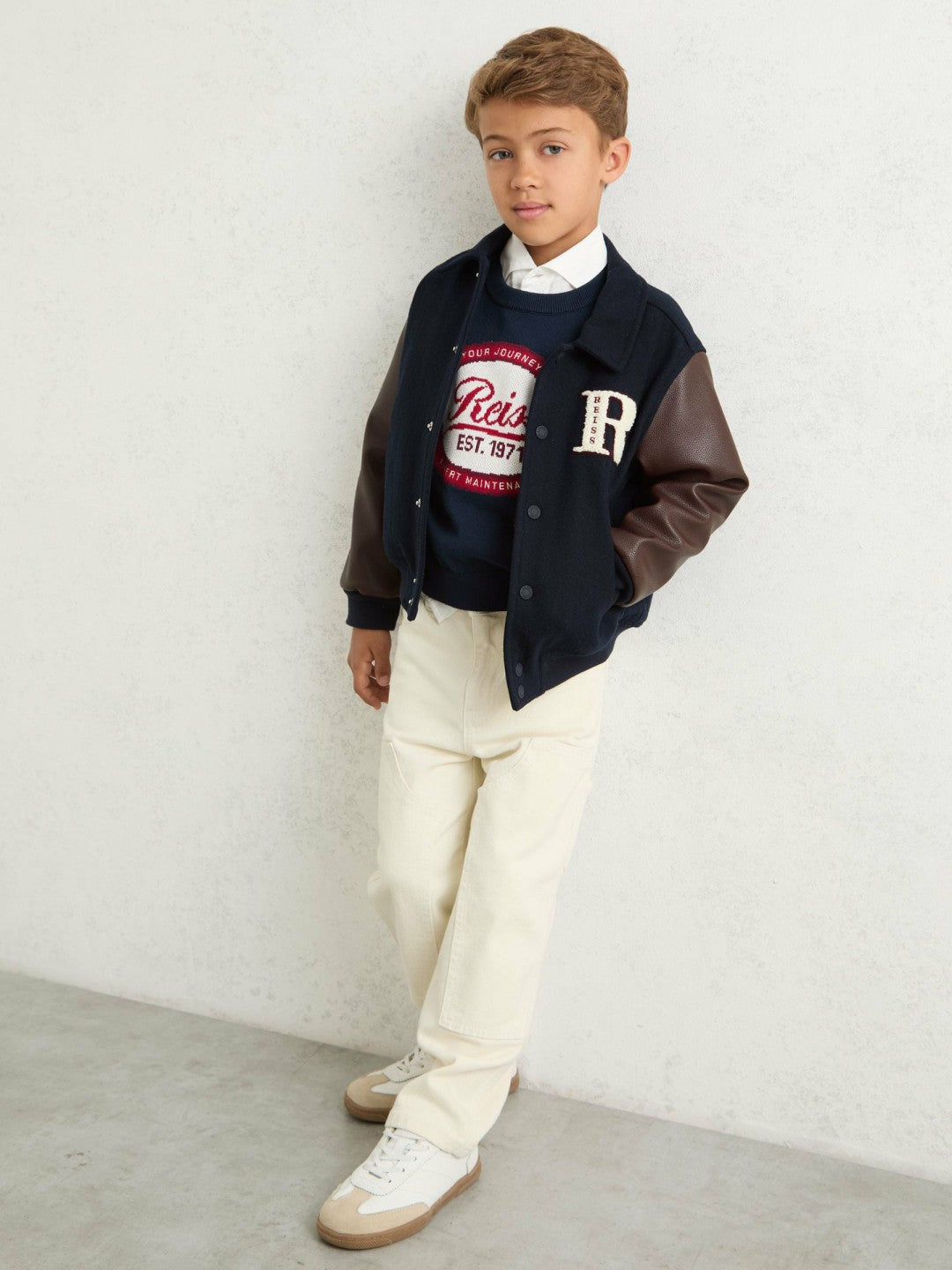 Reiss 9-13 yrs Motor Cars Press-Stud Bomber Jacket in Navy/Brown