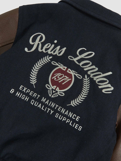 Reiss 9-13 yrs Motor Cars Press-Stud Bomber Jacket in Navy/Brown