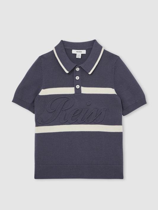 Reiss 13-14 yrs Cotton Logo-Embossed Knit Polo Shirt in Indigo Blue/White