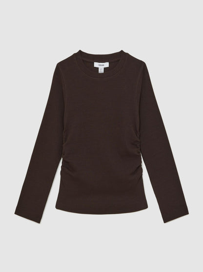 Reiss 9-13 yrs Cotton Ruched Long-Sleeve T-Shirt with Stretch in Chocolate