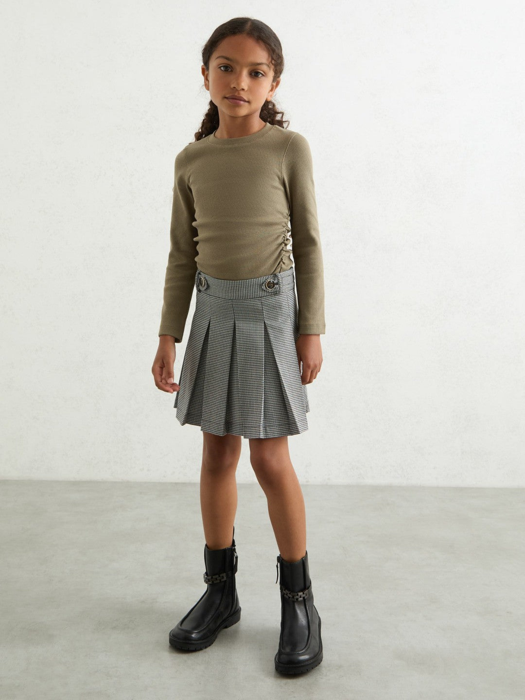Reiss 9-13 yrs Cotton Ruched Long-Sleeve T-Shirt with Stretch in Khaki