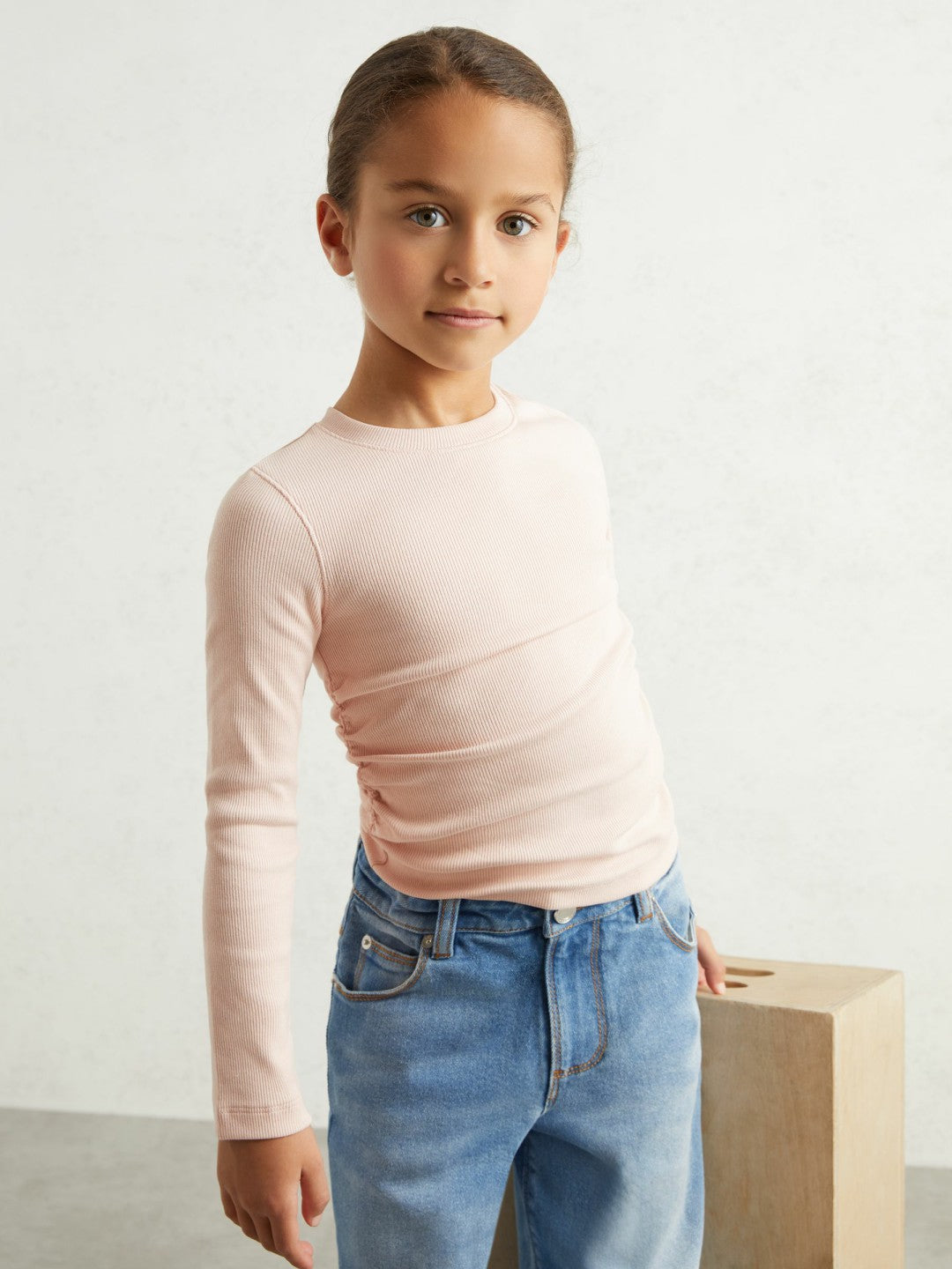 Reiss 9-13 yrs Cotton Ruched Long-Sleeve T-Shirt with Stretch in Pale Pink