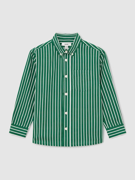 Reiss 13-14 yrs Cotton-Poplin Striped Oversize Shirt in Green/White