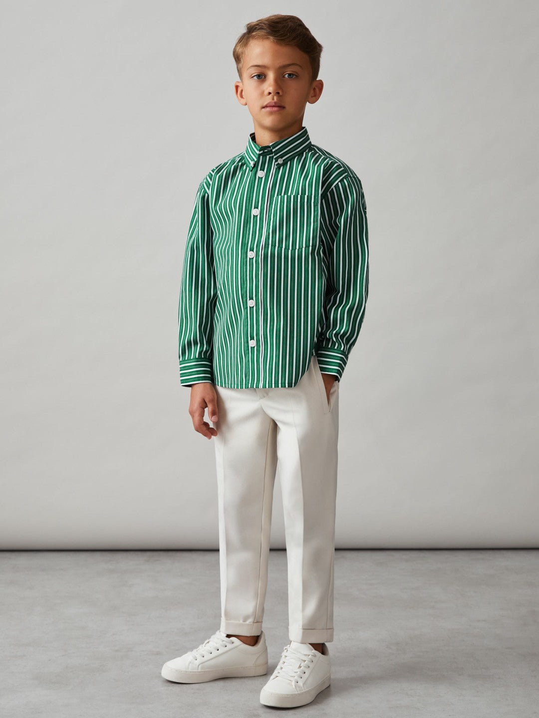 Reiss 13-14 yrs Cotton-Poplin Striped Oversize Shirt in Green/White