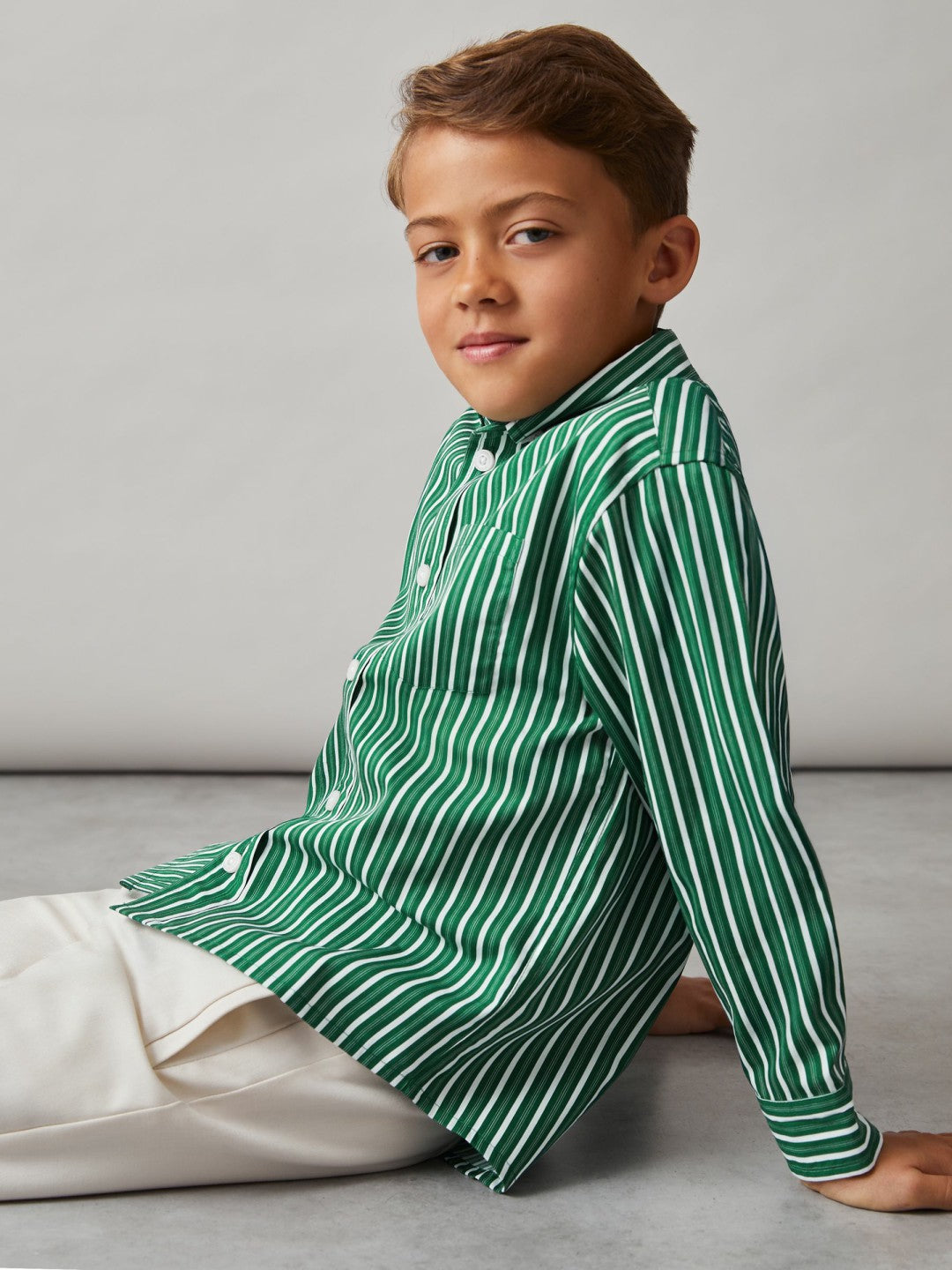 Reiss 13-14 yrs Cotton-Poplin Striped Oversize Shirt in Green/White