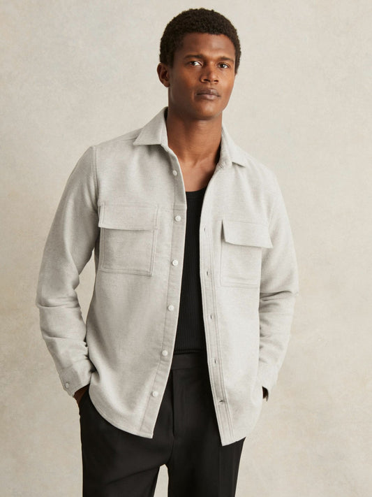 Reiss Moleskin-Cotton Twin-Pocket Overshirt in Soft Grey Melange