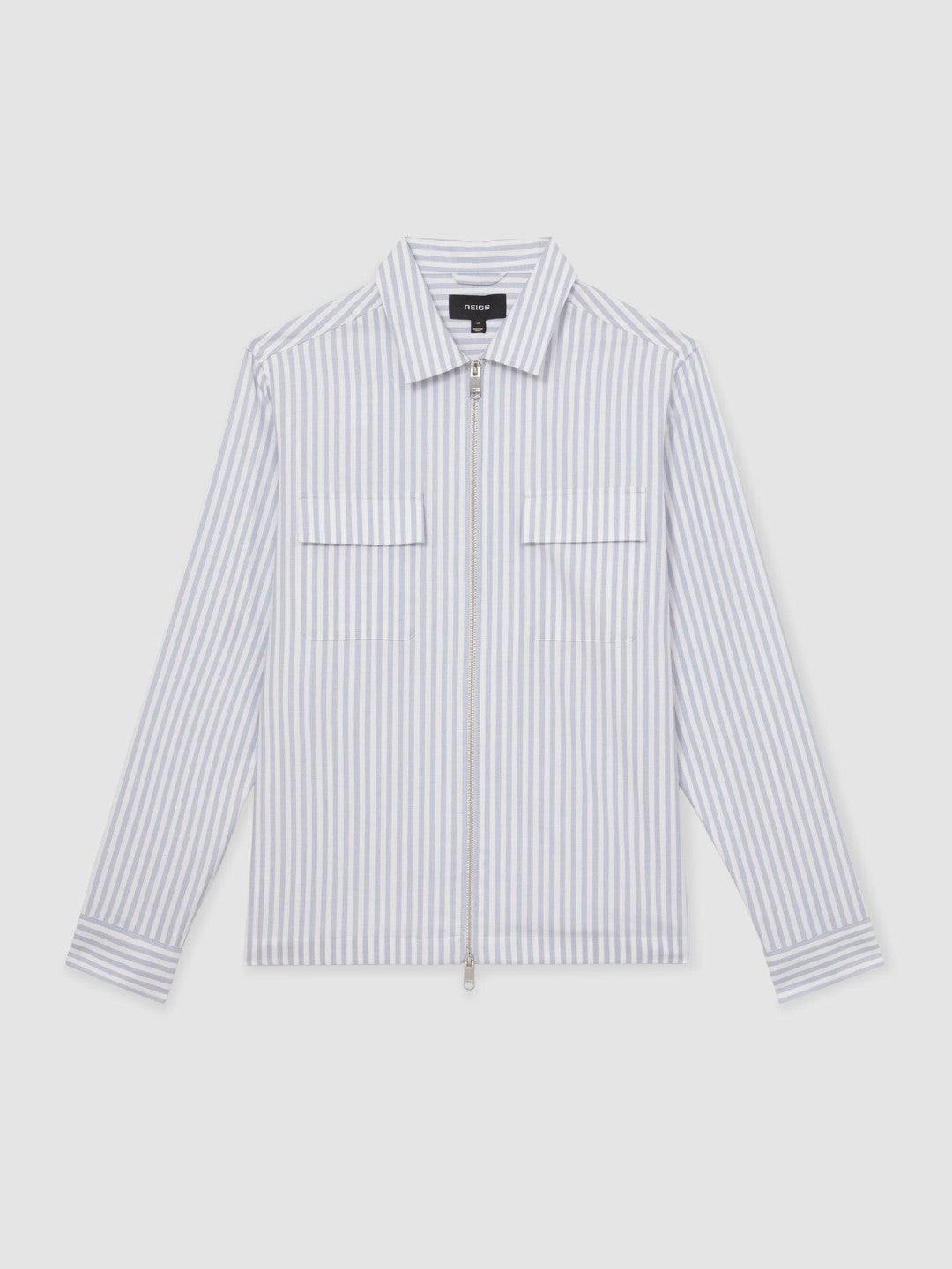 Reiss Cotton Stripe Zip-Through Shirt in White/Soft Blue