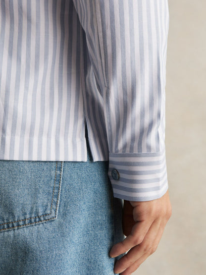 Reiss Cotton Stripe Zip-Through Shirt in White/Soft Blue