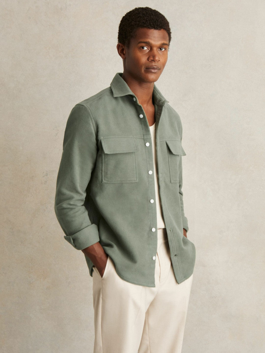 Reiss Moleskin-Cotton Twin-Pocket Overshirt in Green