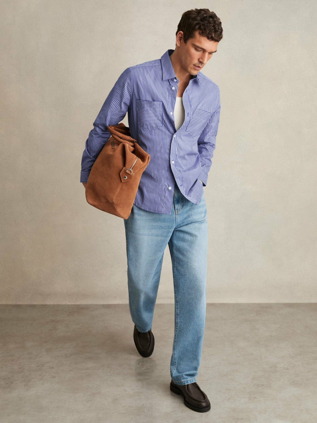 Reiss Cotton-Poplin Stripe Twin-Pocket Shirt in Blue/White