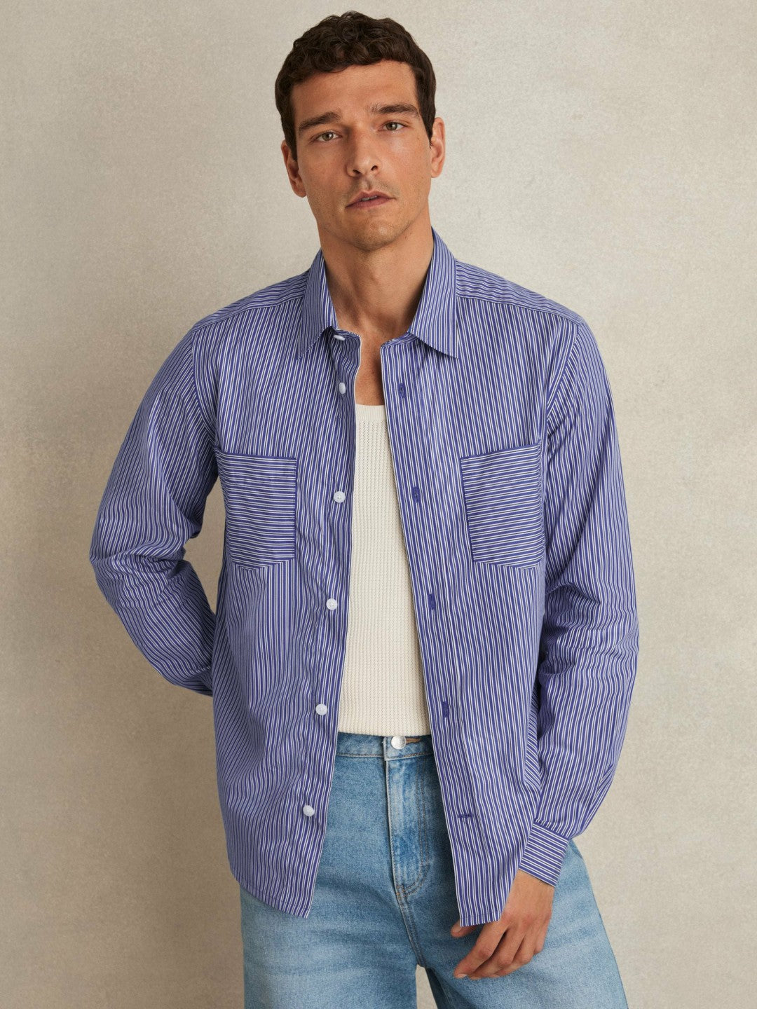 Reiss Cotton-Poplin Stripe Twin-Pocket Shirt in Blue/White