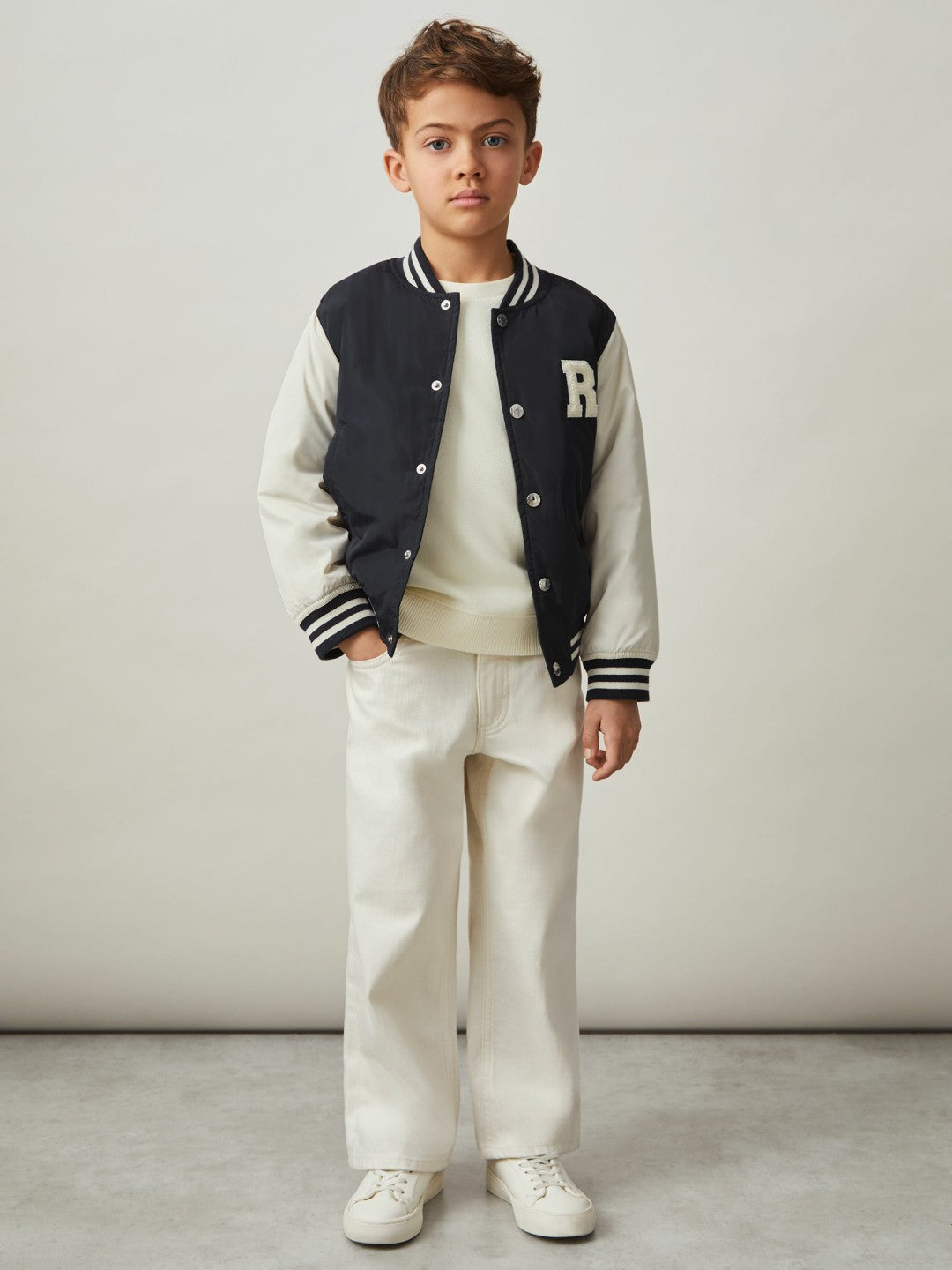 Reiss 13-14 yrs Colour-Block Varsity Bomber Jacket in Navy/ Off White