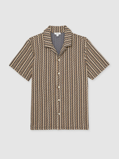Reiss Zig-Zag Knit Cuban-Collar Shirt in Tobacco Brown