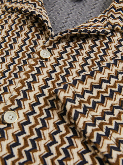 Reiss Zig-Zag Knit Cuban-Collar Shirt in Tobacco Brown