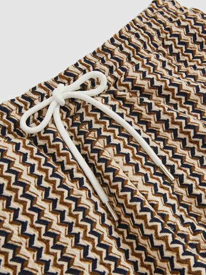 Reiss Zig-Zag Knit Drawstring Shorts in Tobacco Brown