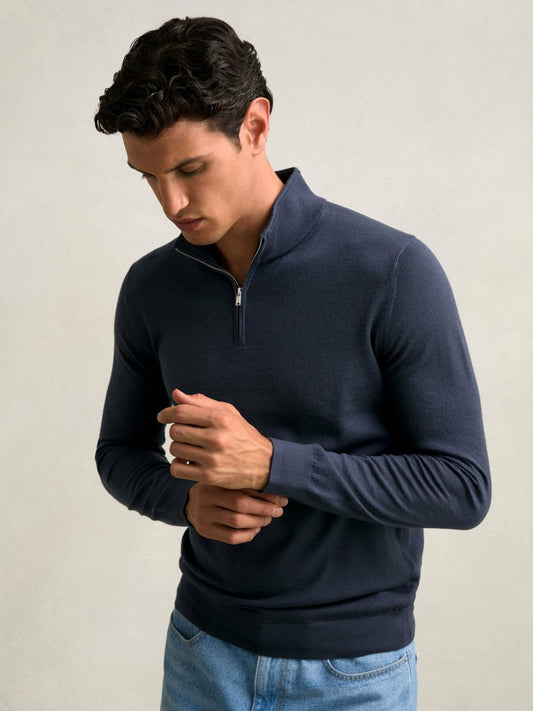Reiss Merino Wool Half-Zip Jumper in Midnight Navy