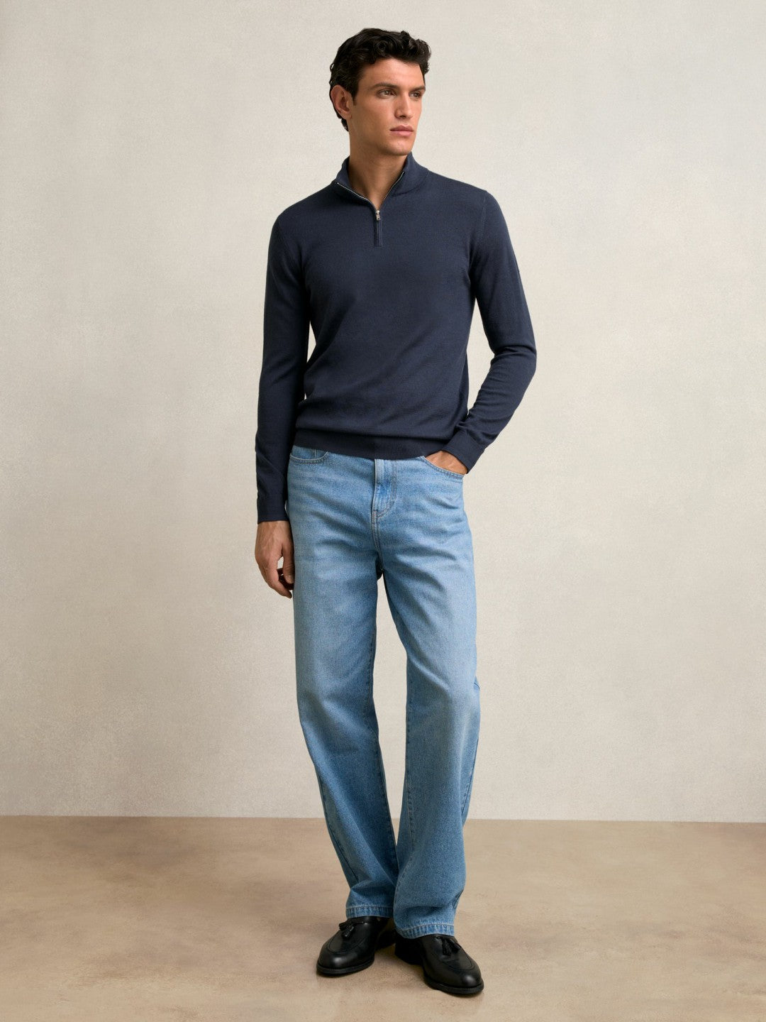 Reiss Merino Wool Half-Zip Jumper in Midnight Navy