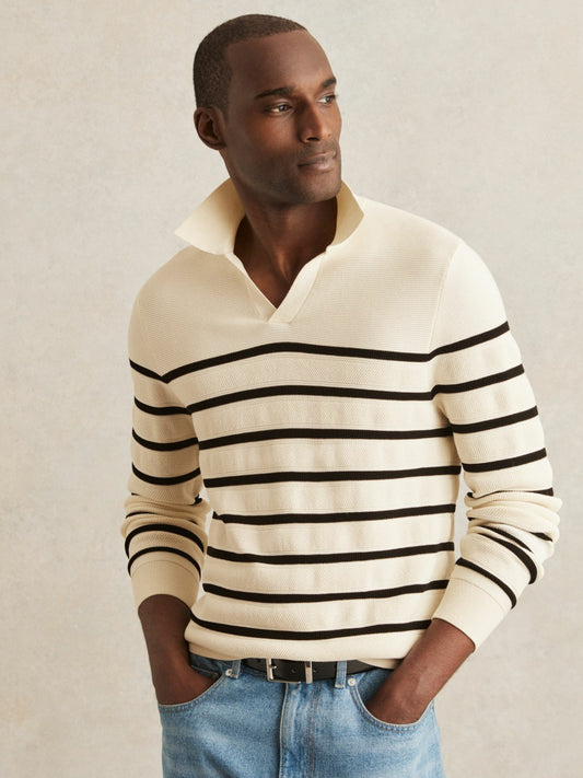 Reiss Cotton Blend Stripe Knit Polo Shirt in Warm Stone/Black