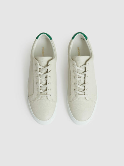 Reiss Tumbled-Leather Low-Top Trainers in Off White/Green