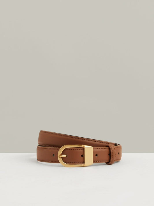 Reiss Leather Curved-Buckle Belt in Tan