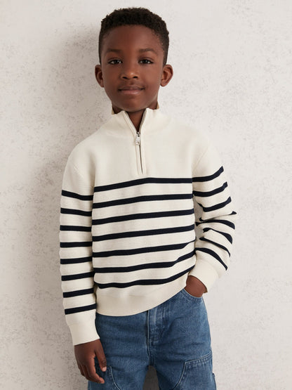 Reiss 9-13 yrs Cotton-Blend Stripe Half-Zip Jumper in White