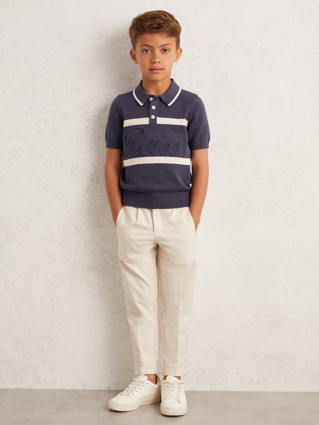 Reiss 3-9 yrs Cotton Logo-Embossed Knit Polo Shirt in Indigo Blue/White